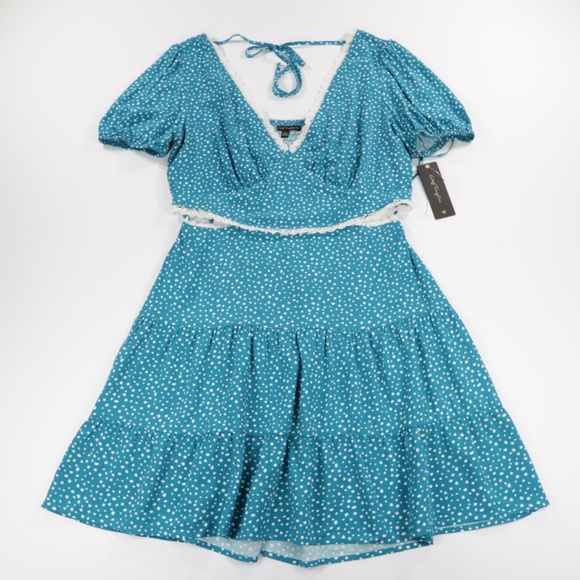 City Triangles Women's‎ V Neck Puffed Sleeve Dot Woven Flare Dress Green Size L - Picture 1 of 9